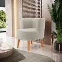 Ver imagem 1 de Poltrona Estofada Tecido Boucle Confortavel para Sala de Espera Pés de Madeira Resistente Elegante