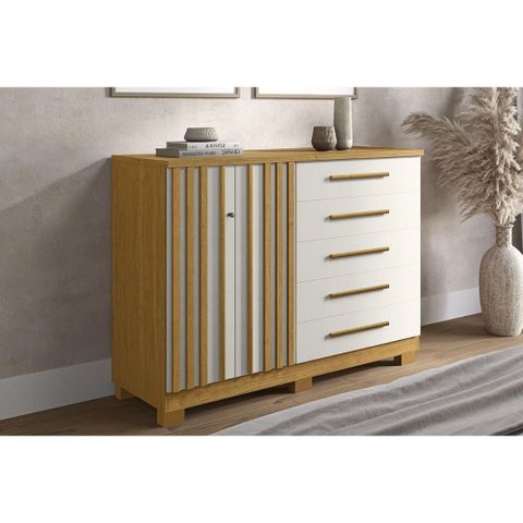 Cômoda de Quarto Bella C/ 2 Portas e 5 Gavetas Cinamomo/off White - Acp