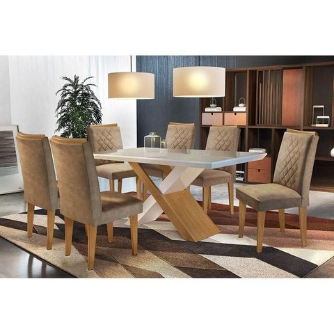 Conjunto: Mesa de Cozinha Imperatriz Tampo Madeirado C/ Vidro Canto Reto 180x90cm e 6 Cadeiras Jade