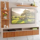 Ver imagem 1 de Painel para TV Até 65 Polegadas Dell 1 Porta 3 Prateleiras Ripado Off White/Mel - Viero Móveis