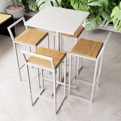 Conjunto Mesa Alta Bar Bistrô Quadrada Branca 4 Banquetas Confort Pinus Industrial White Don Castro 