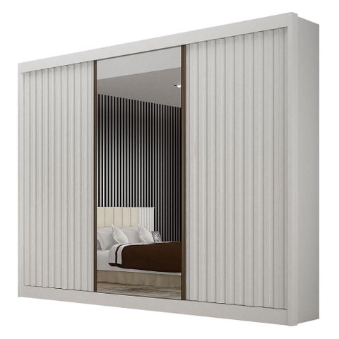 Guarda Roupa Casal 3 Portas San Marino Gold 6 Gavetas Branco Ripado com Espelho - Leifer