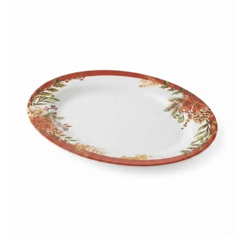 Travessa Oval Decorativa Natalina Flores e Pinha 25x18cm