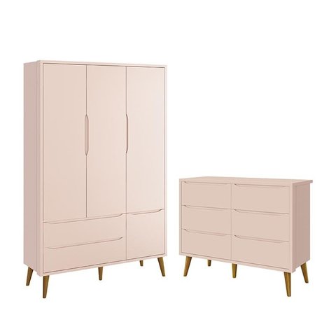 Jogo de Quarto Infantil Theo Guarda Roupa 3 Portas e Cômoda 6 Gavetas Rosa Fosco com Pés Amadeirado