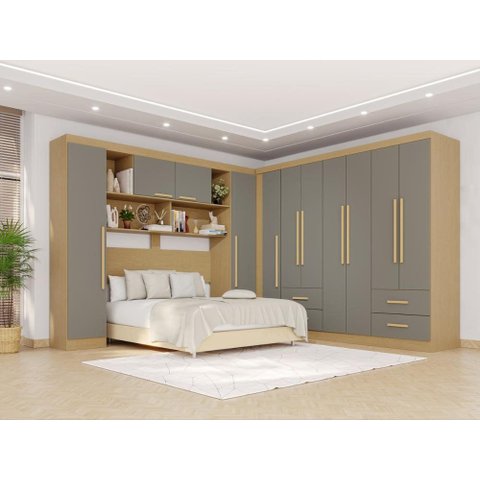 Guarda-Roupa Casal Modulado de Canto com 11 Portas Espaço para Cama Multimóveis Madeirado/Cinza