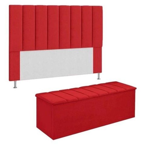 Kit Cabeceira + Calçadeira Baú King 195cm Suede Vermelho