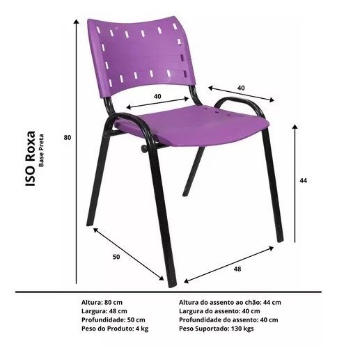 Kit Com 6 Cadeiras Iso Para Escola Escritório Comércio Roxa Base Preta - 4