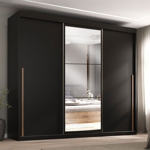 Guarda-roupa Casal Tower 3 Portas 6 Gavetas com Espelho Preto - Pnr Móveis
