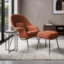 Ver imagem 1 de Poltrona Womb Chair com Puff Bouclê Base Preta Linha Premium Design Moderno Sala Leitura - Terracota