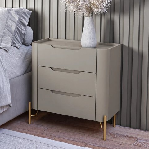 Mesa de Cabeceira Bend 3 Gavetas Incolar Grigio com Pé Dourado