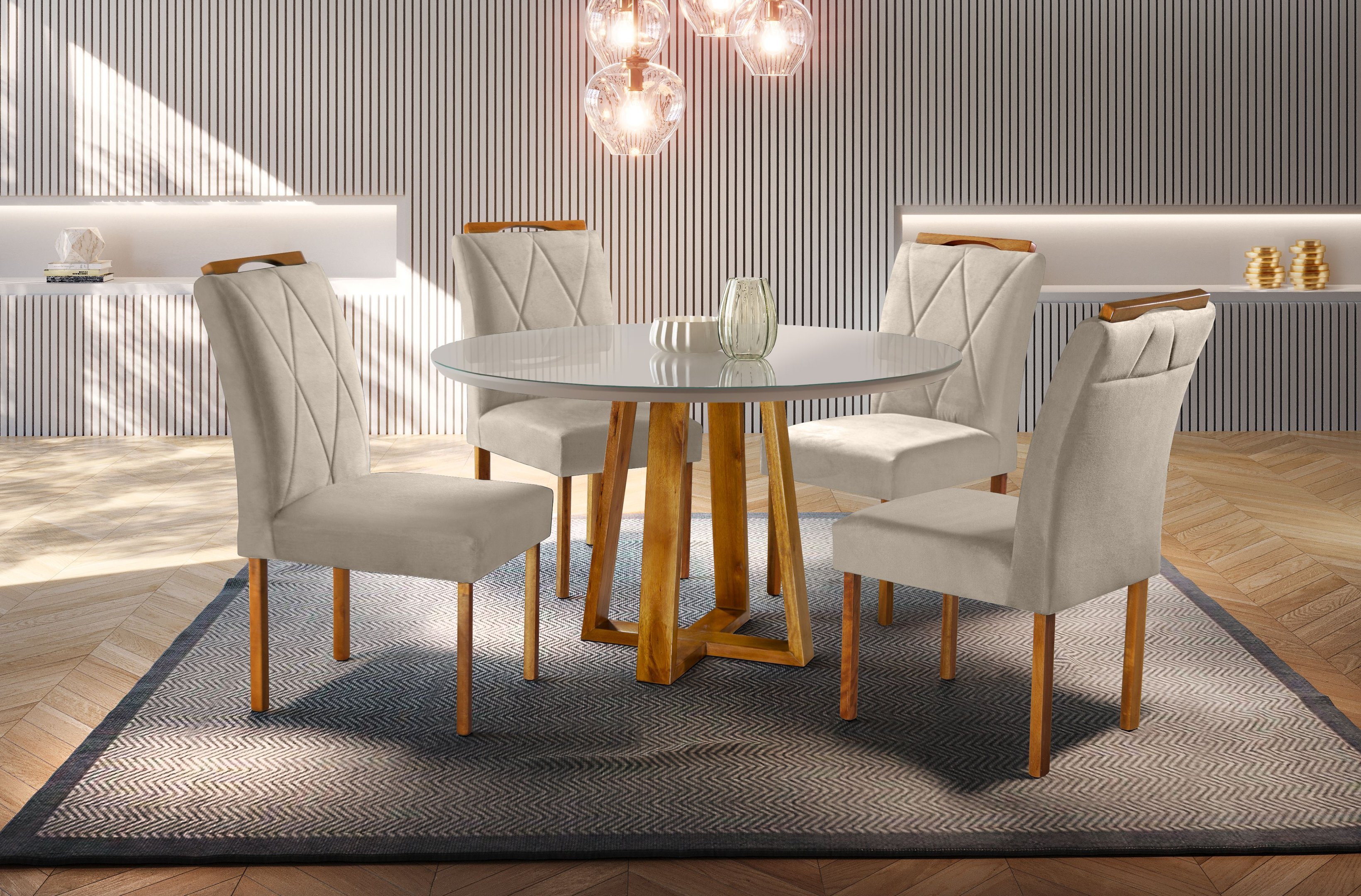 Conjunto Sala de Jantar 4 Lugares Mesa Redonda 1,2m e 4 Cadeiras Bege Areia