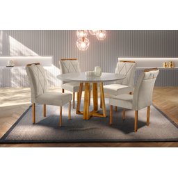 Conjunto Sala de Jantar 4 Lugares Mesa Redonda 1,2m e 4 Cadeiras Bege Areia - 1