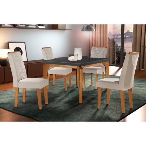 Conjunto: Mesa Sala Jantar Londrina C/ Tampo Madeirado C/ Vidro Canto Reto 120x80cm e 4 Cadeiras