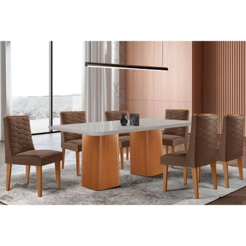 Conjunto: Mesa de Cozinha Maldivas Tampo c/ Vidro Curvo 180cm+6 Cadeiras Dafne Madeira Naturale/Off