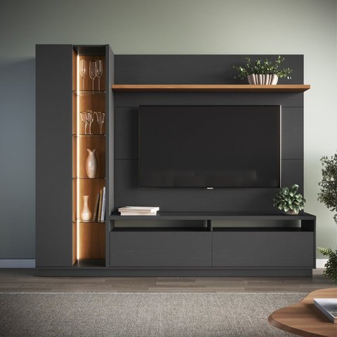 Estante Home com Painel para Tv 65 Polegadas 183cmx220cm e Bar Iluminado 3250 Cristaleira