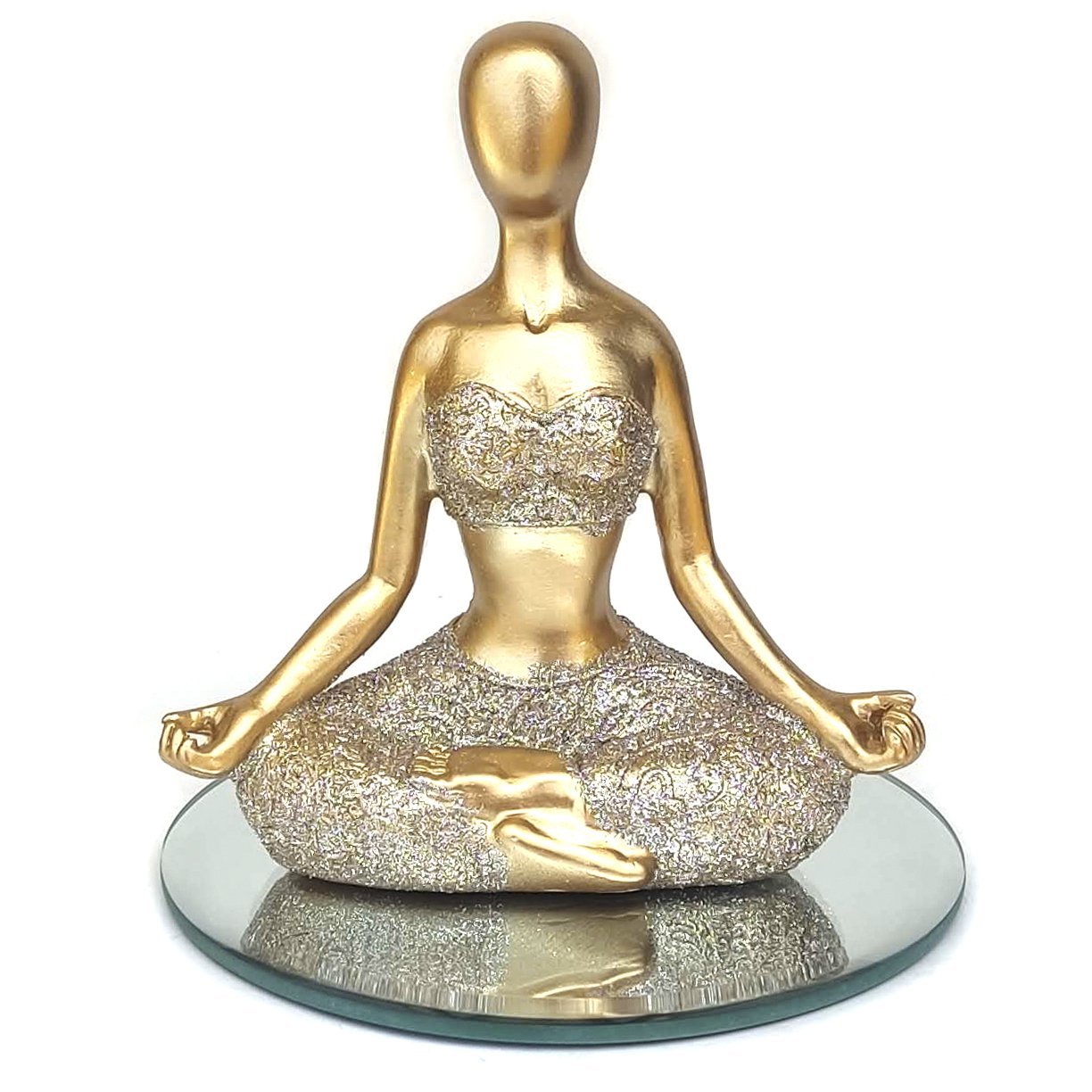 Decoração Yoga Dourada Meditação Em Resina meditando posição B enfeite rezando com espelho