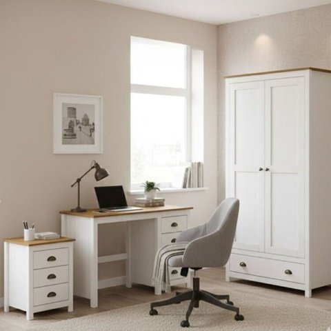Conjunto 3 Peças Escrivaninha + Armário 2 Portas Gaveteiro 3 Gavetas 100% Madeira Maciça - Topázio Branco Freijó