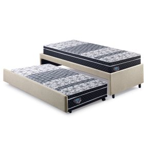 Bicama Box Solteiro Linho Bege 88x188 com 2 Colchões Gransleep Verticoil Ecoflex