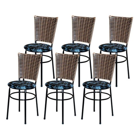 6 Cadeiras para Mesa Preta Hawai Avelã Assento Floral Cor:floral Preto