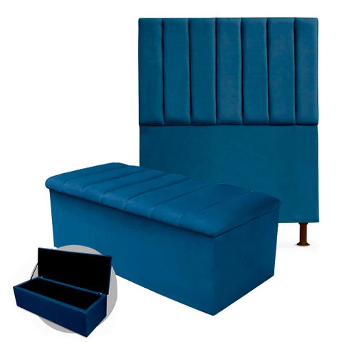 Kit Cabeceira + Calçadeira Baú Cancun Solteiro 90cm Suede - Ecotec Decor:Azul Marinho