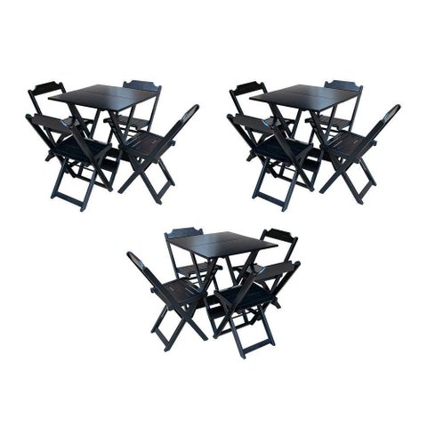 Kit 3 Conjuntos De Mesa Dobravel Com 4 Cadeiras De Madeira 70X70 Para Restaurante E Bar - Preto