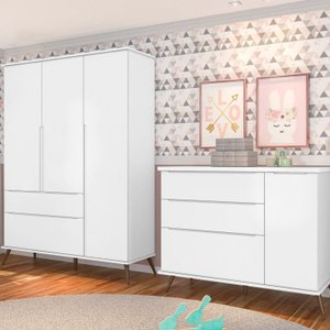 Guarda-roupa 3 Portas e Cômoda 3 Gavetas Melinda 100% Mdf Branco