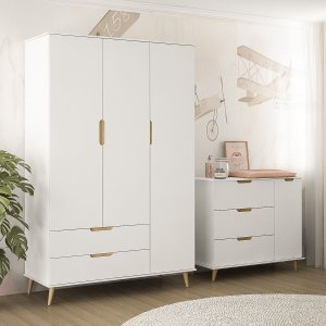 Guarda-roupa 3 Portas e Cômoda 3 Gavetas Melinda 100% Mdf Branco