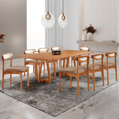 Conjunto de Mesa de Jantar Ello Tampo 240cm Barril Laminado e 8 Cadeiras Mônaco Premium Marrom/Atacama/Imbuia/Cinamomo