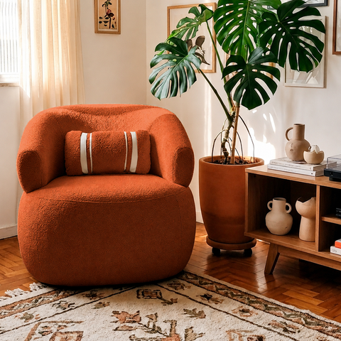 Poltrona Orgânica Chloe Boucle Terracota Redonda Decorativa com Almofada Plumante - Arkell