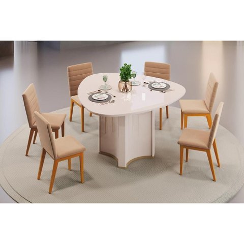 Conjunto: Mesa Sala Jantar Chanel C/ Tampo Madeirado C/ Vidro Orgânico 136x136cm e 6 Cadeiras Sofia