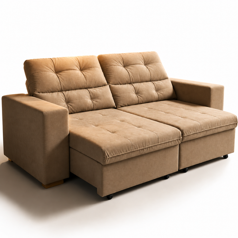 Sofá Retrátil Reclinável 2m 3 Lugares Veludo Turim Conforto - Bege