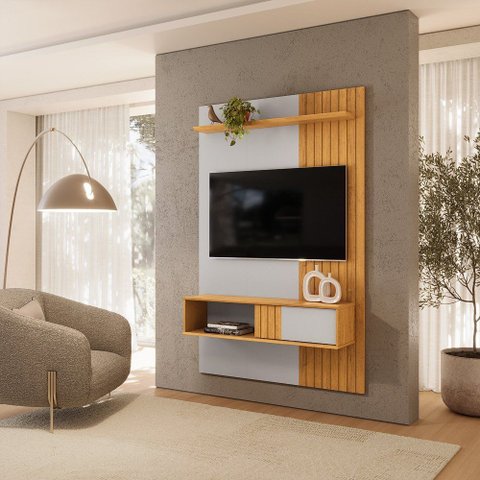 Painel para TV 50 Polegadas Ripado com 1 Porta e Nicho Cosmo 120cm Bali Cedro DJ Móveis