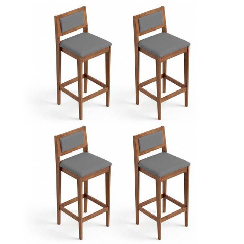 Kit 04 Banquetas Altas Lenna Madeira Maciça Estofado Linho Cinza Abmaza