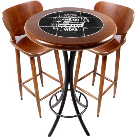 Conjunto Bistro para Varanda Pequena Alta com 2 Banquetas de Madeira e Azulejo - Familia e Amigos