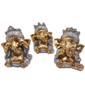 Trio Ganesha da Sabedoria Enfeite Ganesha Gold Brilho 8 cm