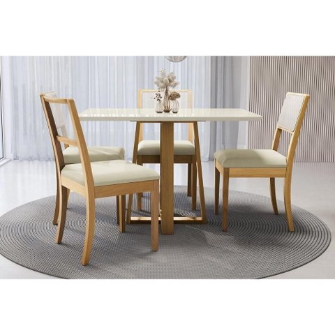 Conjunto Sala de Jantar Elma Premium Madeira Maciça C/ Tampo Madeirado C/ Vidro 120x80cm e 4