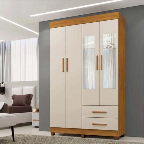 Guarda Roupa Solteiro com Espelho 4 Portas 2 Gavetas com Pés 114cm Copacabana Cinamomo/Off White - Benetil