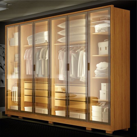 Guarda-Roupa Casal 6 Portas Reflectas com LED 6 Gavetas em MDF Solare Marrom/Cinamomo