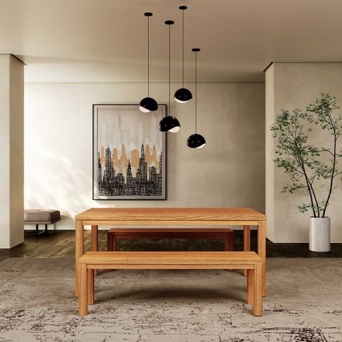 Conjunto Sala Jantar Nature: Mesa com 2 Bancos Rústico Claro Madeira Pinus
