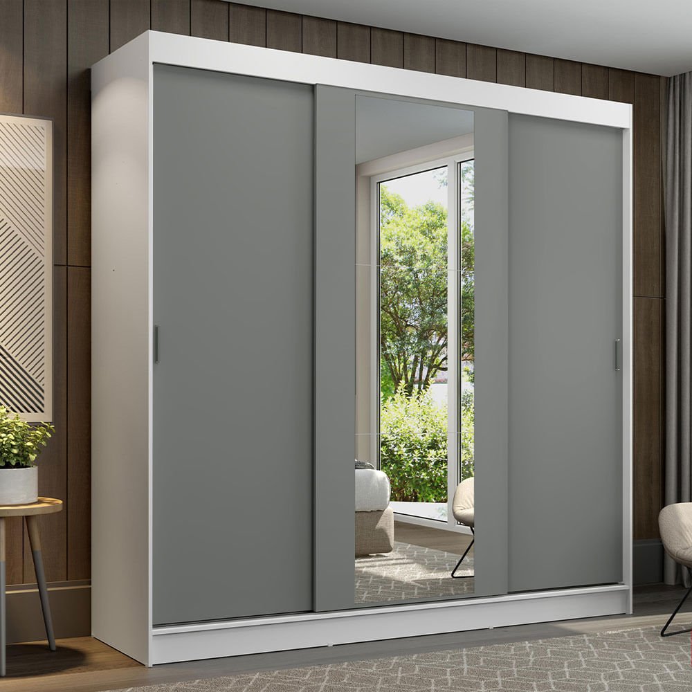 Guarda-Roupa Casal Madesa Reno 3 Portas de Correr com Espelho Branco/Cinza Cor:Branco/Cinza