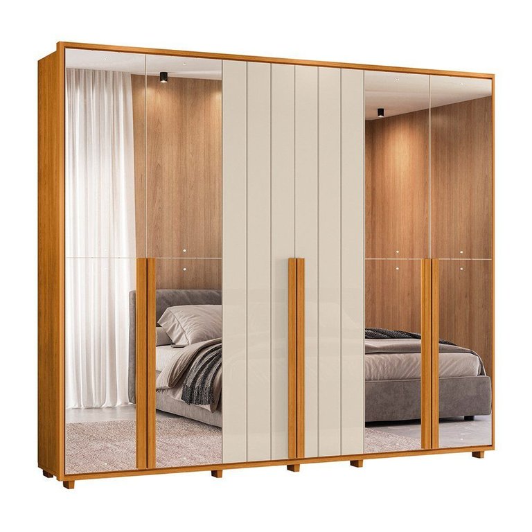 Guarda-roupa Casal Volpi Ripado 6 Portas 6 Gavetas 4 Portas C/ Espelho - 7 Decor Cinamomo e Off Whit