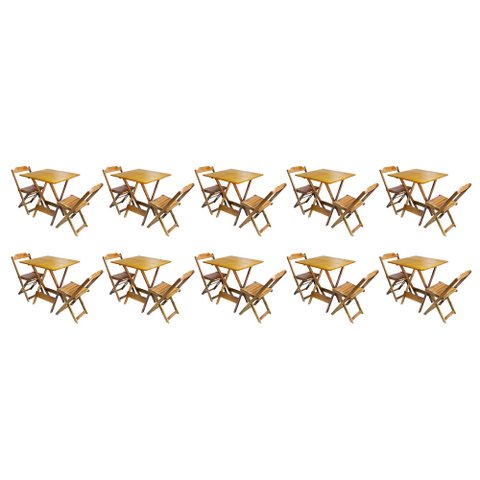 Kit 10 Conjuntos de Mesa Dobrável com 2 Cadeiras de Madeira 70x70 - Mel