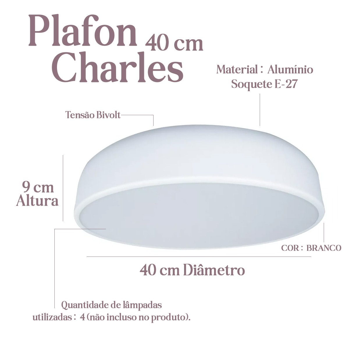 Plafon Sobrepor de Teto Charles Redondo 40cm Entrada para 4 Lâmpadas - Branco - 2