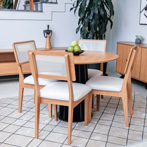 Kit Mesa de Jantar Redonda 4 Cadeiras Encosto Tela 100% Mdf Preto Cesare Claro Dalla Costa