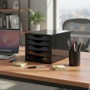 Ver imagem 2 de Caixa Arquivo Gaveteiro Organizador Escritório Madeira Mdf 5 Gavetas Documentos A5 A4 - Preto Black