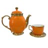 Jogo de 6 Xícaras e Bule para Chá e Café Laranja com Detalhes Dourado - 1