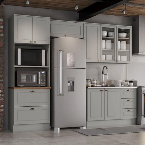 Cozinha Completa 4 Peças Americana 10 Portas 7 Gavetas MDF Cinza