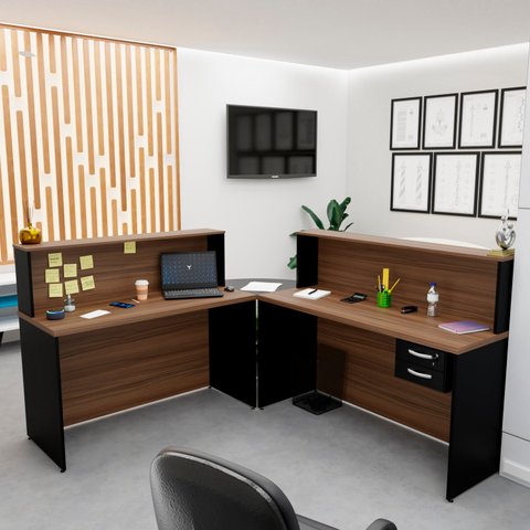 Balcão Atendimento de Canto C/ Gaveteiro Recepção 1400x600 Netmobil - Nogal
