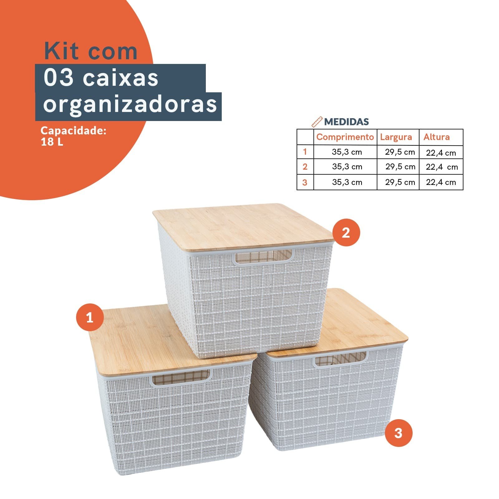 Kit 3 caixas organizadoras tampa de bambu 18l branco - Oikos - 2