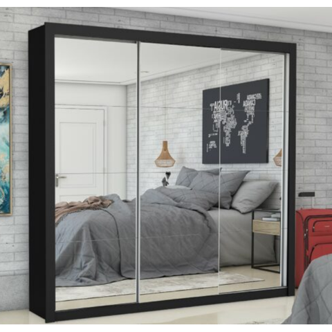 Guarda Roupa Casal com Espellho 3 Portas Espelhadas de Correr 4 Gavetas 186cm Clarice Preto - Carioca Móveis